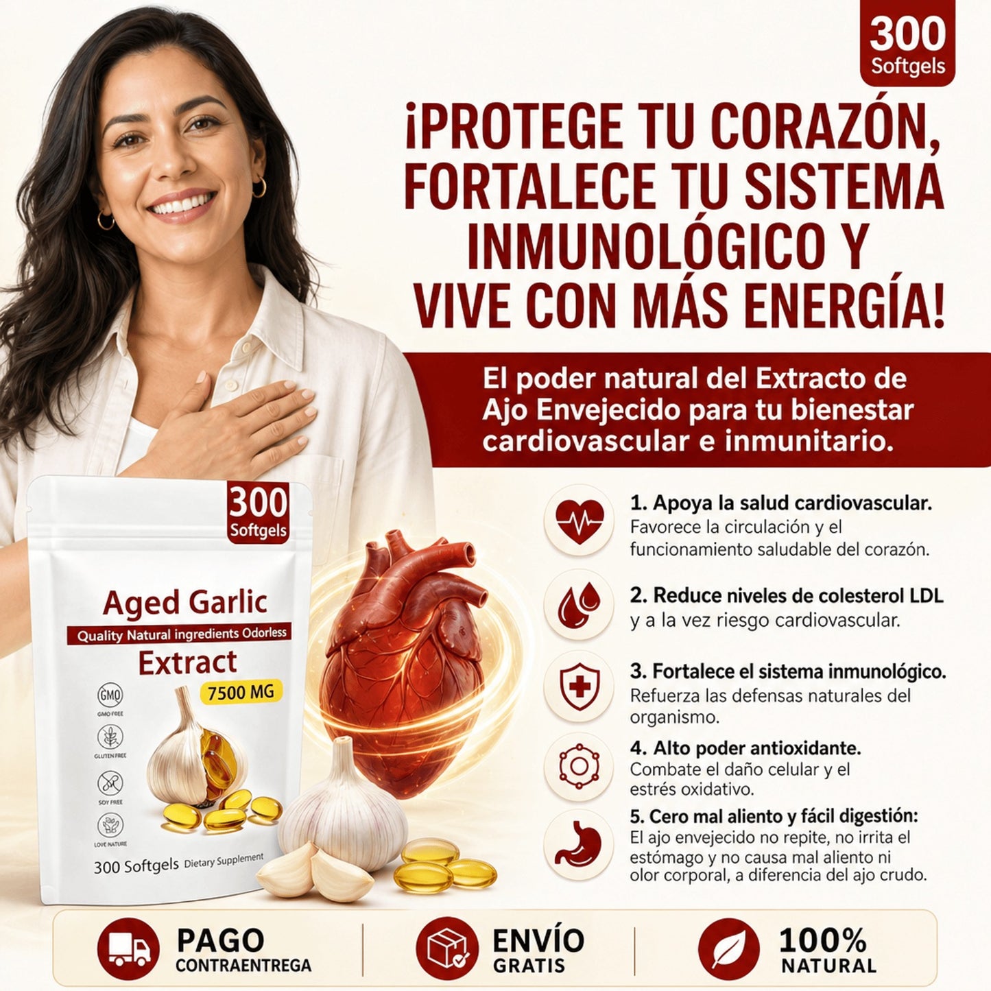 Ajo añejado extracto  300 CÁPSULAS 🧄❤️ Apoyo Cardíaco 100% Natural Sin Olor.